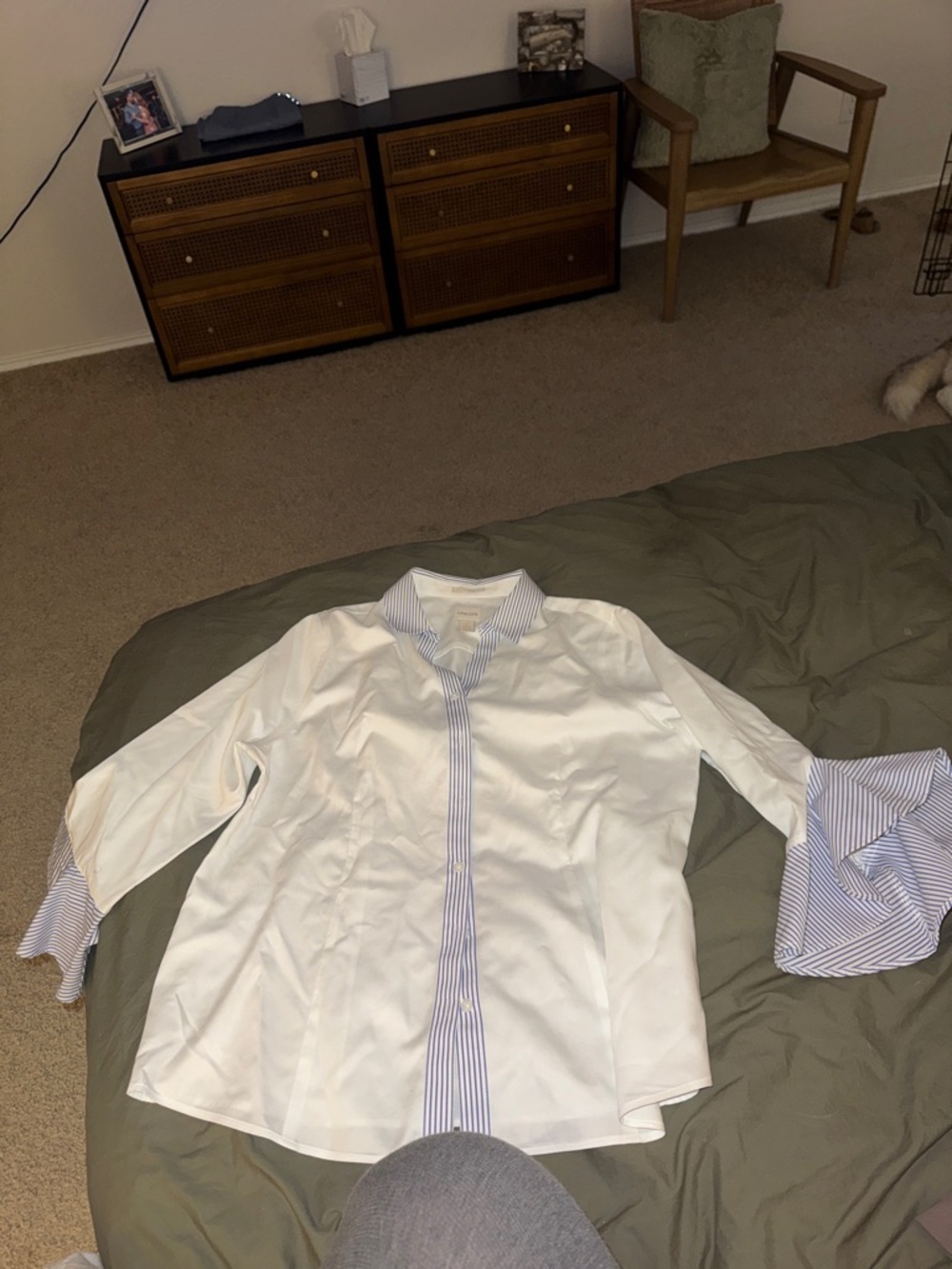 Chico's Button-Front Blouse with Blue Stripe Flouncy sleeves